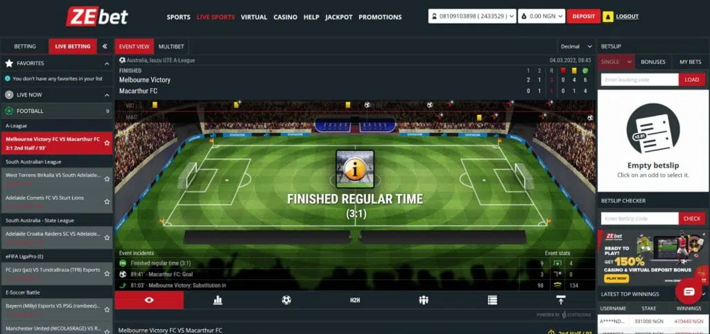 Zebet Casino desktop interface