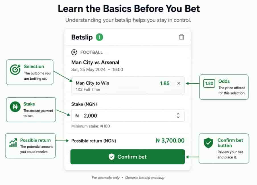 Generic betslip example explaining selection, odds, stake, possible return and the confirm bet button