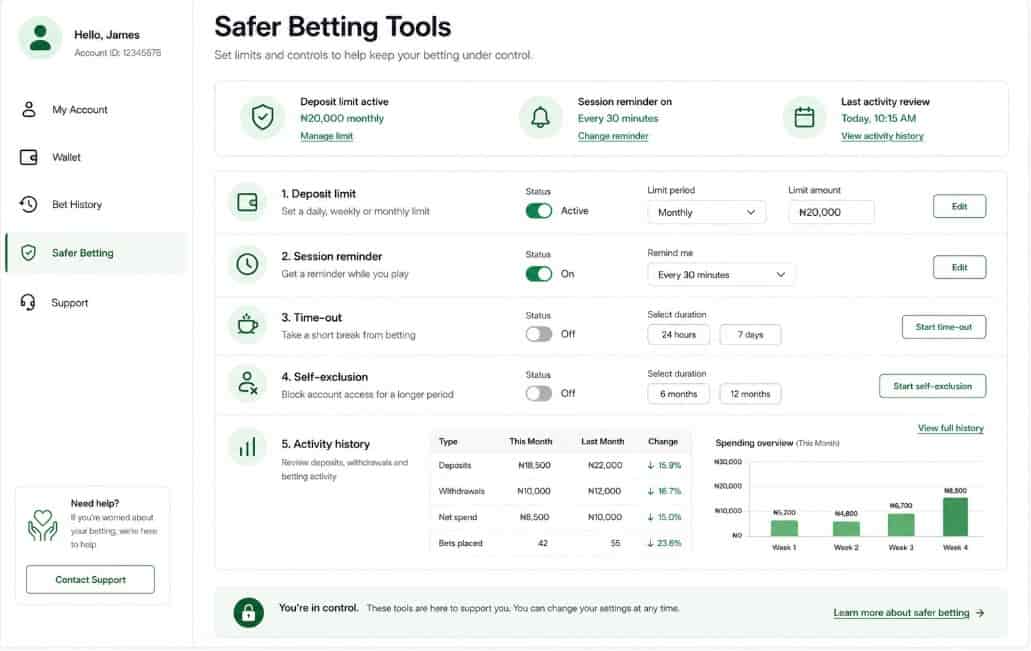 Mock sportsbook account screen showing safer betting tools in Nigeria including deposit limits, session reminders, time-outs, self-exclusion and activity history
