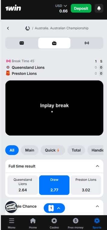 1win mobile betting UI