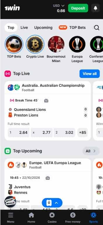 1win mobile sports UI